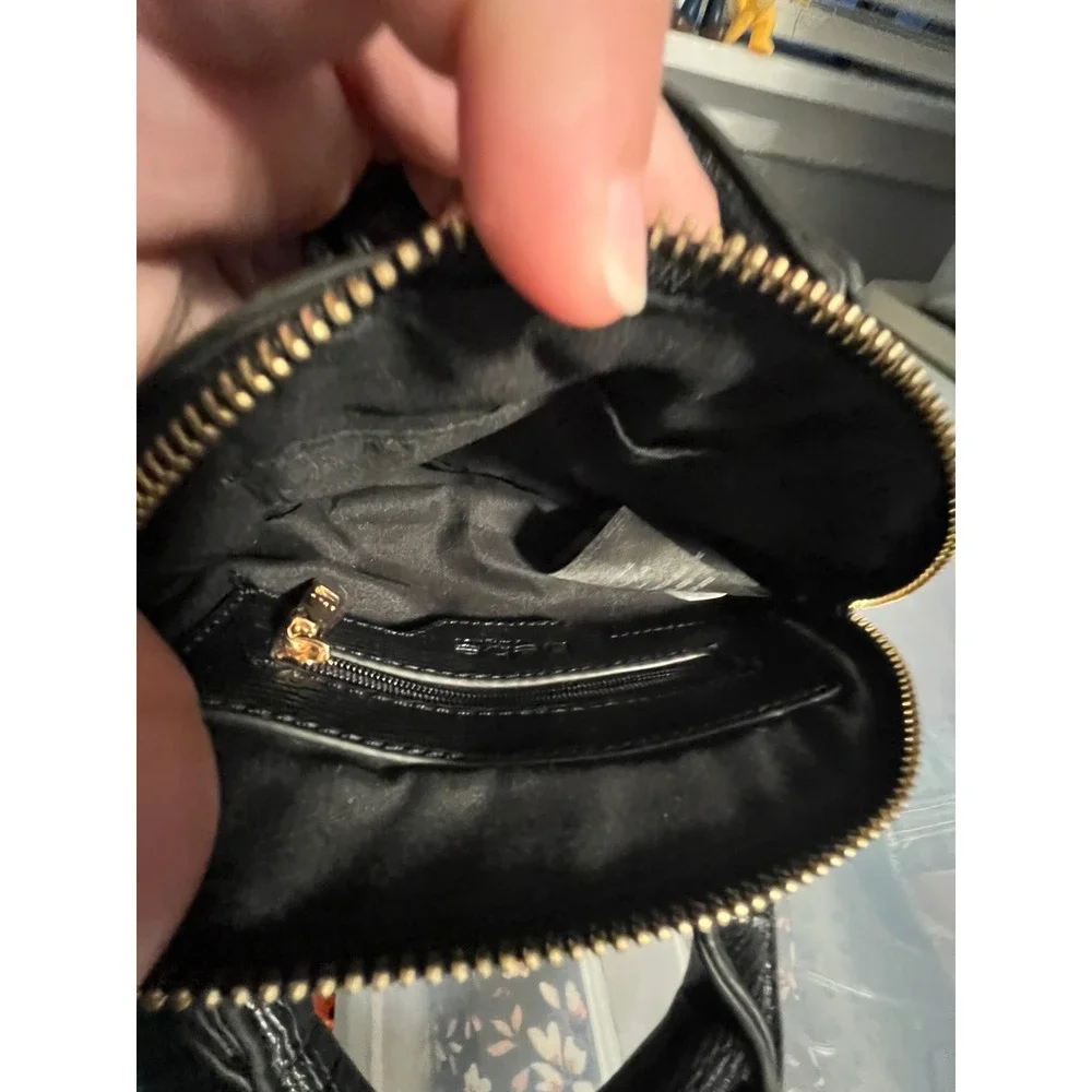 Bebe Black Mini Dome‎ Satchel Crossbody Bag Gold Logo Chain Textured Handbag